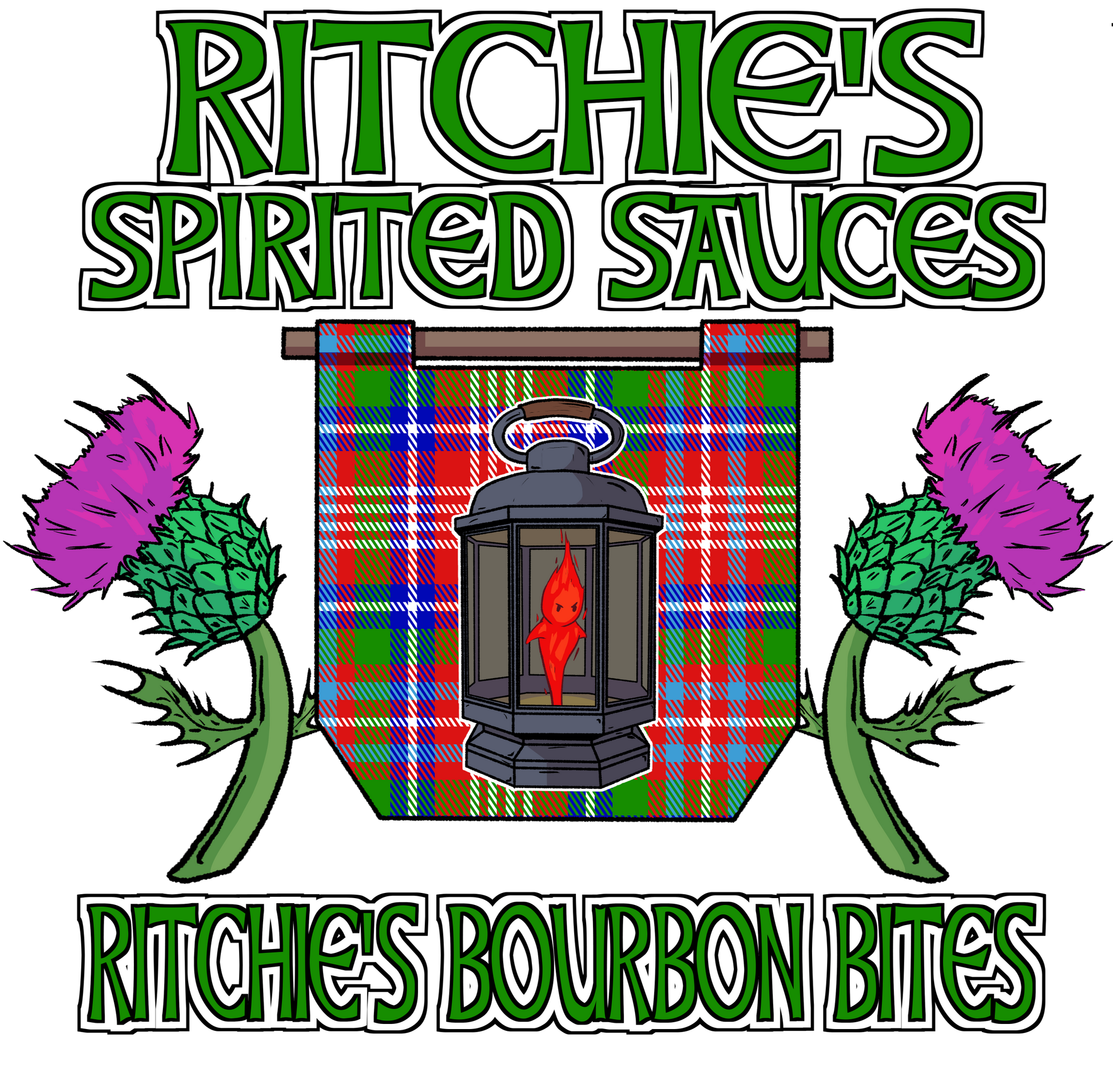 Logo for Ritchie's Spirited Sauces with a tartan design and thistles.