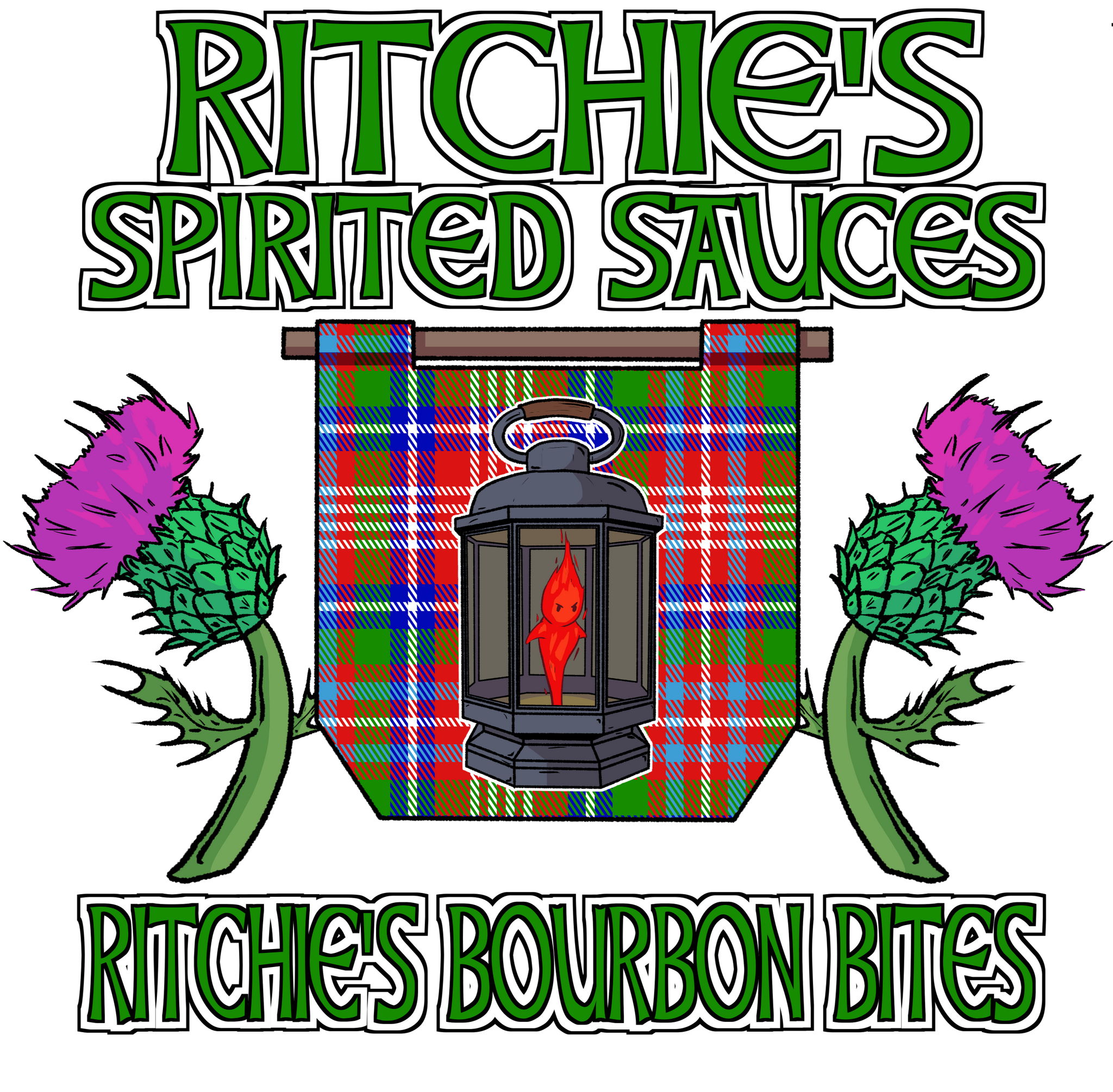 Logo for Ritchie's Spirited Sauces with a tartan design and thistles.