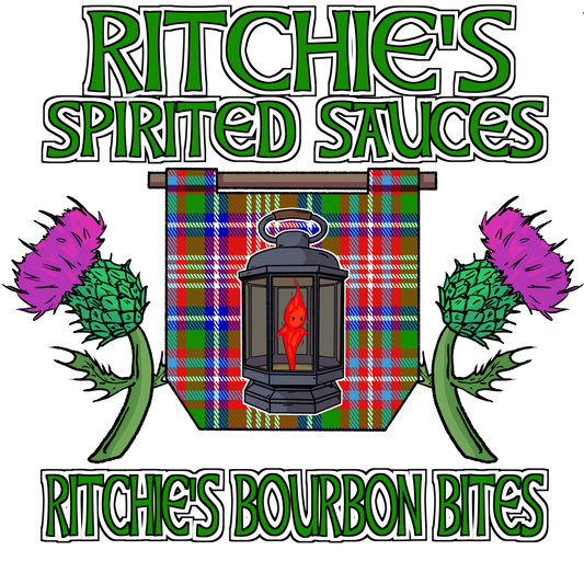 Logo for Ritchie's Spirited Sauces with a tartan design and thistles.